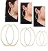 VUJANTIRY Multiple Hoop Earring Set Flat Hoop Earring Textured Silver or Gold Tone Rounded Hoop Earrings 3 Pairs (Gold #2)