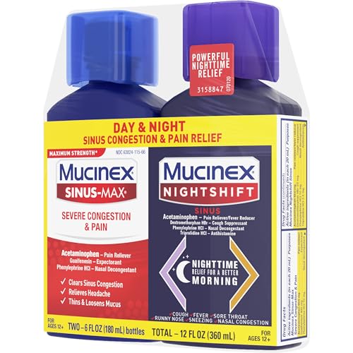 MUCINEX MAXIMUM STRENGTH SINUS-MAX SEVERE CONGESTION & PAIN + NIGHTSHIFT SINUS LIQUID, COLD AND FLU MEDICINE FOR ADULTS, OVER-THE-COUNTER MEDICATION FOR MULTI-SYMPTOM RELIEF, 2X6 FL OZ