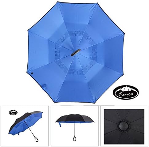 KEUOO Double Layer Inverted Reversible Umbrella Folding Black Color Outdoor Umbrella (Black Blue)