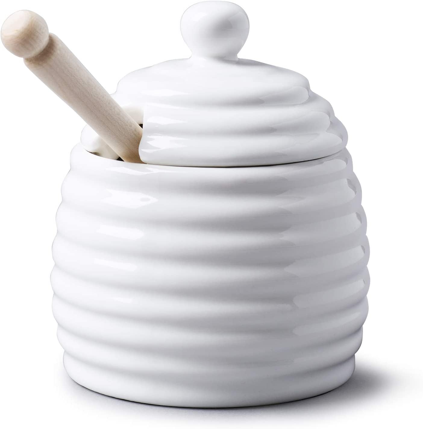 WM Bartleet & Sons 1750 T260 Traditional Porcelain Honey Pot with Beech Wood Dipper 11cm – White