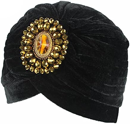 Head Wrap Cap Soft Gold Velvet Rhinestone Pleated Winter Velvet Headscarf Wedding for Women (C1)