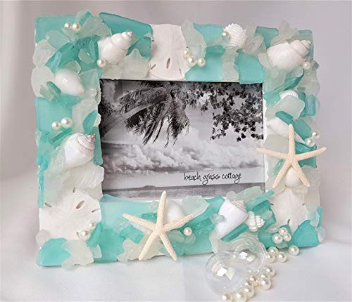 Beach Decor Sea Glass Seashell Nautical Picture Frame Aqua 5x7
