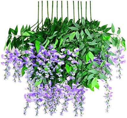 Artificial Flowers,BBDI 12Pcs 75cm Romantic Realistic Artificial Fake Silk Wisteria Flower Vine Cane Ratta Hanging Flower Plant Vine Wedding Party Valentine's Day Home Garden Decoration - Blue(S Size)