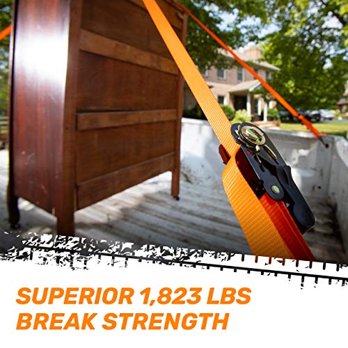 RoofPax Ratchet Straps (4-Pack), Heavy Duty Tie Downs Kit 1,823 Lbs Break Strength 1" inch X 15' ft. Cargo Tiedowns for Motorcycles. Padded Handles & Coated Chromoly S Hooks