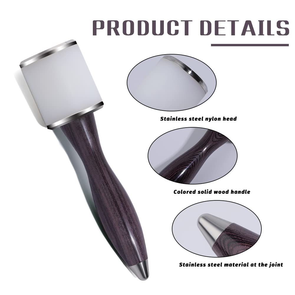 DIUDUS Leather Hammer Craft Leather Carving Nylon Hammer Leather Mallet Stamping Tool Leather Maul Comfortable Wooden Handle DIY Leather Work Hammer for Handmade Project (Purple/Water-Rippled)