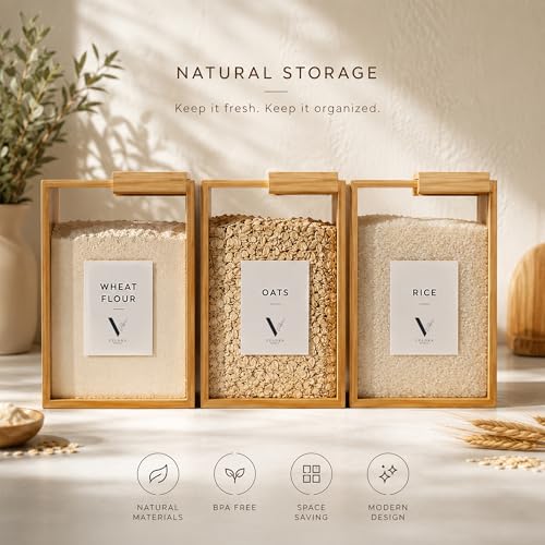 Velora World Bamboo 3L Food Dispenser for Kitchen – Airtight Food Storage Container with Writable Labels, Clear Cereal Dispenser for Rice, Flour, Pasta & Snacks, Space Saving Pantry Organizer