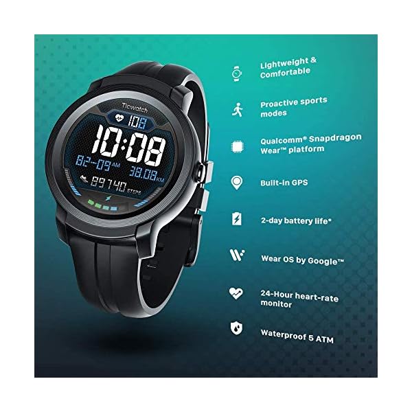 Ticwatch E2 Smartwatch, 5 ATM Waterproof, Swim-ready, Built-in GPS, Heart-rate Monitor, Google Assistant, Wear OS by…