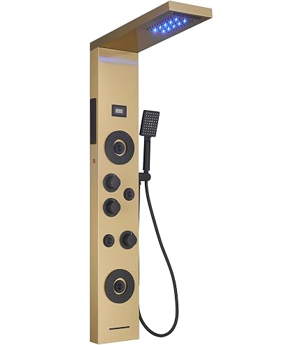 ELLO&ALLO Stainless Steel Shower Panel Tower System | LED Rain Shower Head 6-Function Black