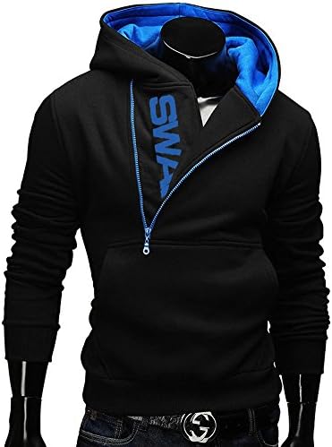 Men's Oblique Zipper Hooded Sweatshirt Pullover Kangaroo Pocket Jacket Black