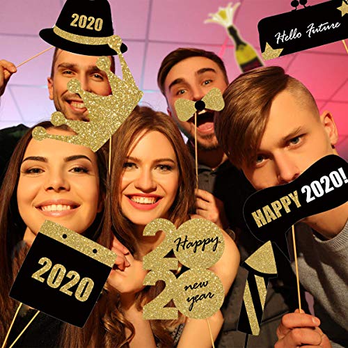 New Year's Photo Booth Props Kit(30Pcs)- 2020 New Year Eve Photo Props Creative Selfie Props Celebration Party Favor for New Year Eve Party Decoration (Gold2) - Thumbnail 4