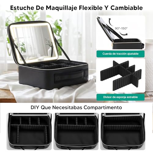 RAMSPIT Bolsa De Maquillaje Con Espejo y Led, Estuche De Maquillaje Con Lupa De 10X, Neceser Maquillaje, 3 Colores De Luz y Ajustes De Brillo, Compartimentos Ajustables DIY, Cosmetiquera De Viaje