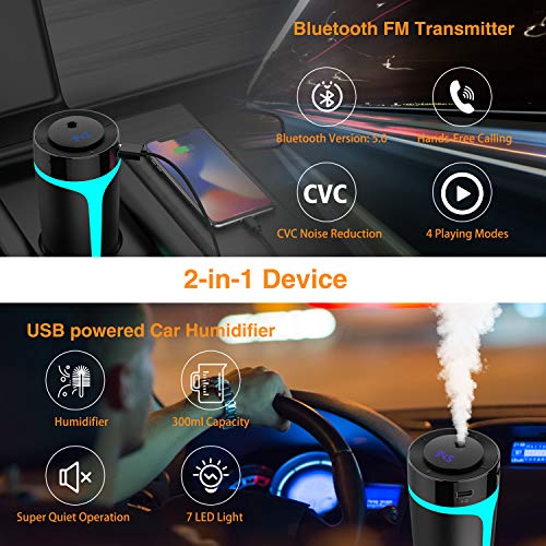 Bluetooth FM Transmitter for Car with USB Portable Car Humidifier,Wireless FM Transmitter Radio Adapter Car Kit with Hands Free Calling,USB Charging Ports,U Disk,TF Card,MP3 Music Player,7 Color,300ml