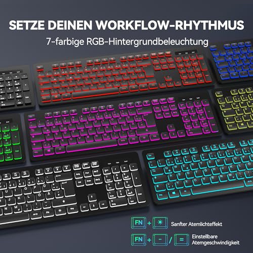 TECKNET Wired Keyboard USB with 7 Colours RGB Lighting, German QWERTZ Full Size, Quiet Keyboard Splash-proof for PC/Laptop (Windows/Mac) - Black