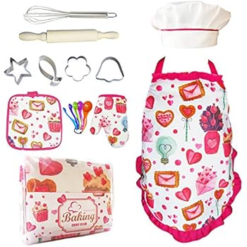 Cupcake Chef Set for Kids Cooking,Girls Baking Set with Heart Apron,Chef Hat,Oven Mitt for Toddler Pretend Play,Great Gift for Children Chef Role Playing Costumes,Ages 3+(Chef Set)