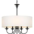 T&A Traditional 5-Light Chandelier with White Linen Drum Shade,20" Simple Chain Pendant Light Lights for Foyer Dining Room Living Room