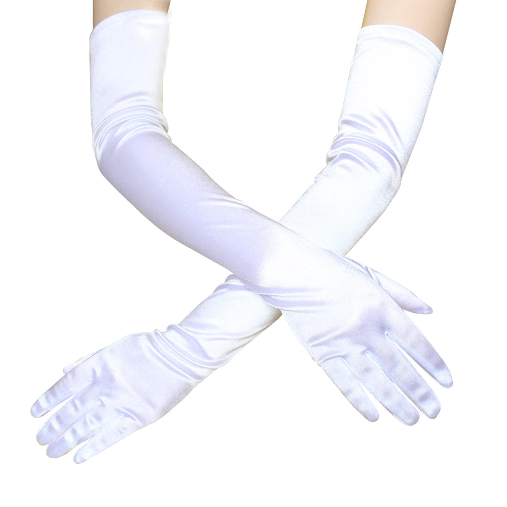 Women's Long Gloves Evening Opera Party Satin Glove 20s Finger Gloves Stretchy Elbow Length for Dresses Swan Costume (White)