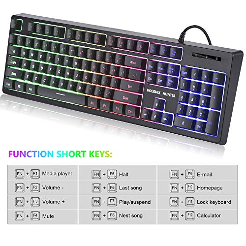 KOLMAX Gaming Keyboard,Rainbow LED Backlit Quiet Keyboard for Office
