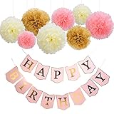 Mudder Happy Birthday Banner Tissue Paper Pom Poms Flower for Birthday Party Decorations