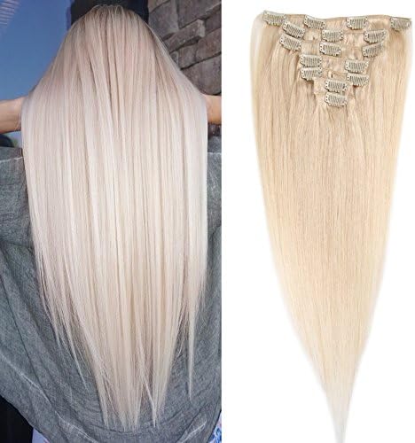 100% Remy Human Hair Clip in Extensions Grade AAAAA Natural Hair Full Head 7pcs 16clips Standard Weft Long Silky Straight for Women Fashion and Beauty (22 inch 100g,#60 Platinum Blonde)