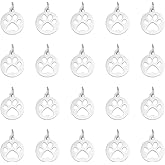 UNICRAFTALE 20pcs/Box Dog Paw Prints Pendants, About 14mm Wide Flat Round Stainless Steel Charm Pendants, 4mm Hole Cute Pet Print Charms for Necklace Jewelry Making