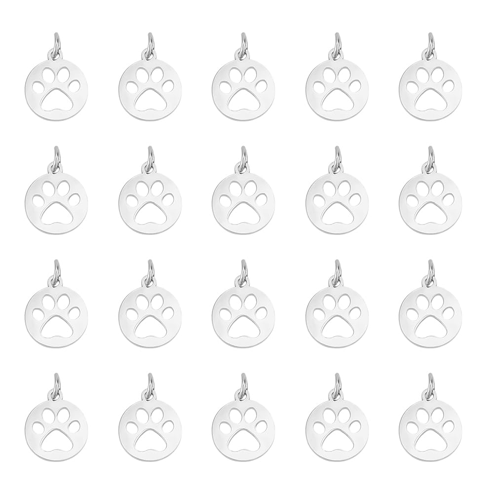 UNICRAFTALE 20pcs 14mm Dog Paw Prints Charm Flat Round Stainless Steel Charm Pendants Cute Puppy Pet Print Charms Animal Footprint Pendant for Necklace Jewelry Making