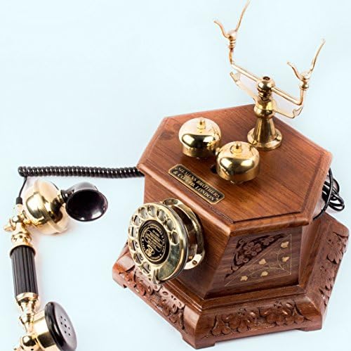 ANTIQUES WORLD UNIQUE VINTAGE RE-CREATION LONDON 1885 ANTIQUE WOODEN ART HOME DÉCOR OLD STYLE PHONE SIX CORNER BEAUTIFUL BRASS CARVING HANDLE BELL TELEPHONE AWUSATP 015