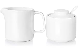 ONTUBE Porcelain Sugar and Creamer Set of 3,Ceramics Cream Pitcher, Sugar Bowl with Lid and Spoon (Bright White)