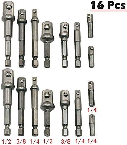 Newkiton 16Pcs/Set Socket Adapter Drill BIts Set Hex Shank 1/4" 3/8" 1/2" Impact Driver Tool