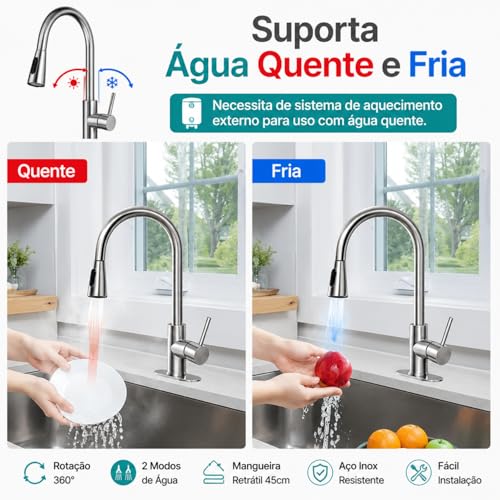 Torneira Gourmet Inox 360° com Mangueira Retrátil 45cm – Dois Modos de Água para Cozinha Spray e Chuveiro - Design Moderno, Rápida Instalação e Alta Durabilidade