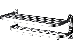 Zerodis Double Towel Rack, 304 Stainless Steel Wall Towel Shelf Foldable Space Saving Design with Strong Adhesive, for Bathro