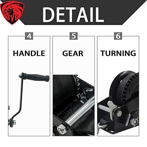 TYT 1600lb Boat Trailer Winch, New Portable Hand Winch with 8M (26 ft) Strap and Strong Hook, Heavy Steel Structure Gear Towing Winch Manual Gear Winch for ATV SUV UTV Winch(All Black) - Image 6