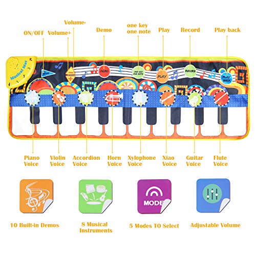 Musical Piano Mat, Vimpro19 Keys Piano Keyboard Play Mat Children Foot Touch Play Portable Musical Blanket Build-in Speaker & Recording Function for Kids Toddler Girls Boys 43.3'' X14.2'' - Thumbnail 2