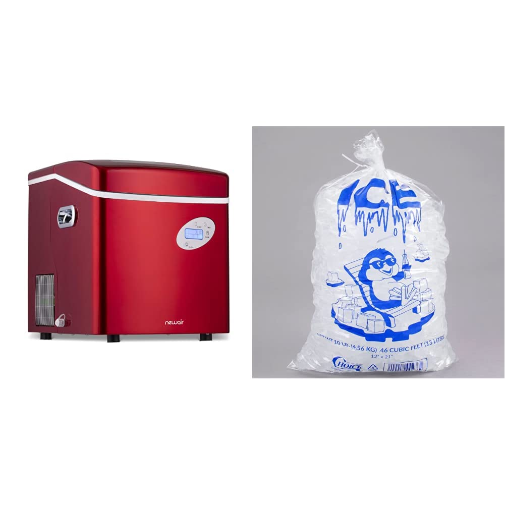 NewAir Portable Ice Maker 50 lb. Daily, 12 Cubes in Under 7 Minutes, RED & Perfect Stix Icebag10TT-100 Ice Bag with Twist Tie Enclosure, 10 lbs (Pack of 100)