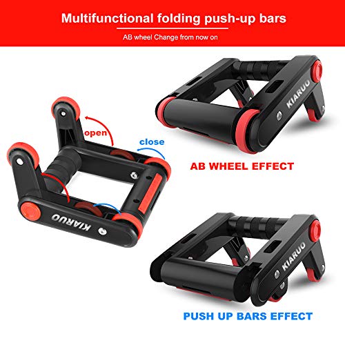 KIARUO Foldable Double AB Wheel & Push up Bars 2 in 1 Fitness Equipment with Knee Pad & Resistance Rope Portable Exercise Fitness Trainer Workout Abs Core Power for Home Gym & Traveling