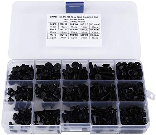 DollaTek 440pcs M3 M4 M5 Button Head Hex Socket Cap Screws Bolts Nuts Assortment Kit with Box, 10.9 Grade Alloy Steel, Black Oxide Finish