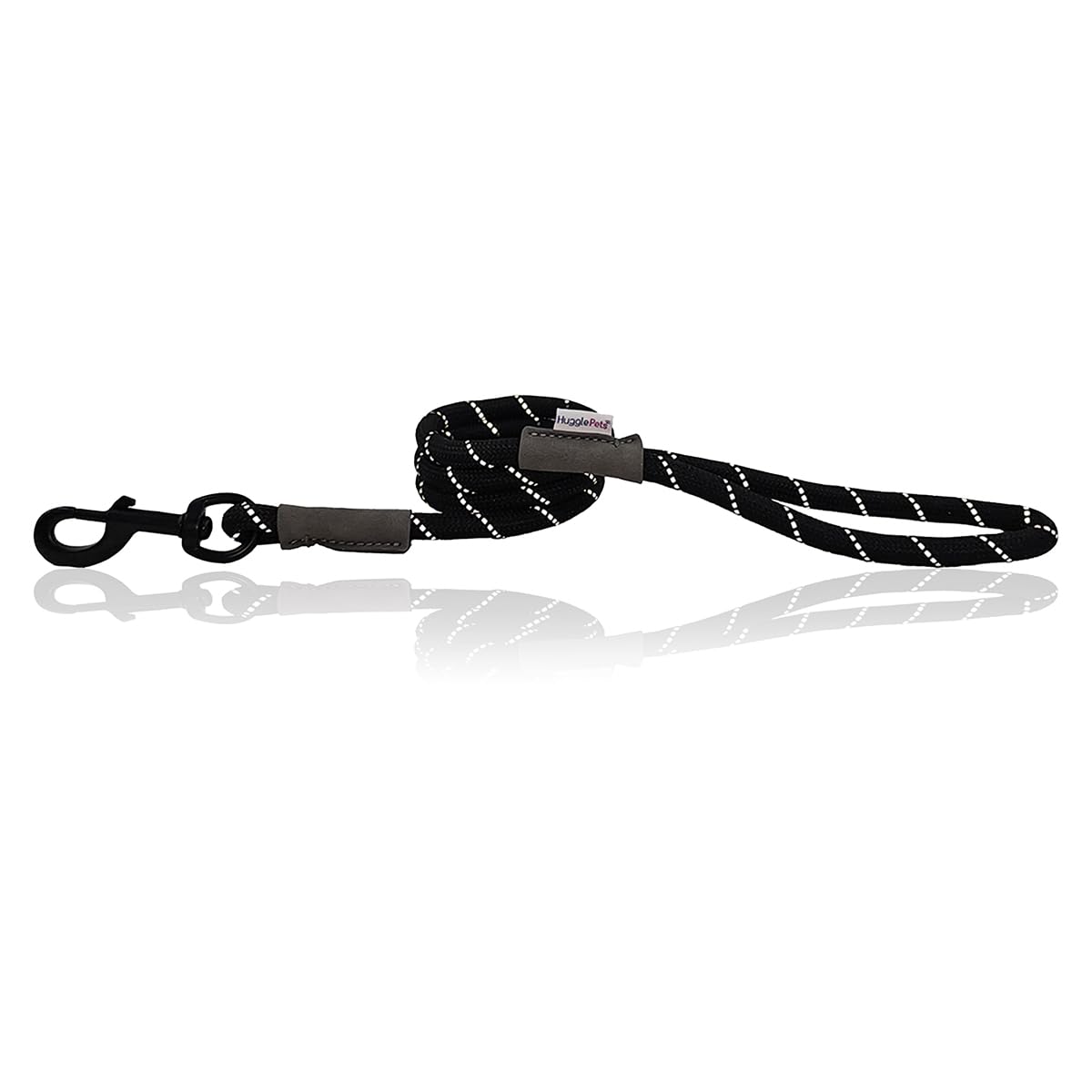 HugglePets Reflective Rope Dog Lead - Black (107cm x 1cm) High Visibility Weatherproof Lead for Dogs with Reflective Stitching & Easy-to-Attach Metal Swivel Trigger.