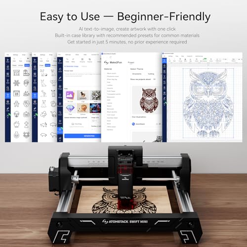 AtomStack Swift Mini 3W Grabador Láser para Principiantes, Máquina de Grabado y Corte Láser de Diodo, Área 135×145 mm, Plug & Play, Software Gratis con IA, WiFi/USB, Compatible con LightBurn