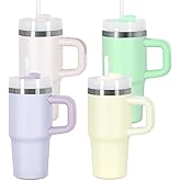 Muwnrol 4 Pack14 Oz Tumbler with Handle and Straw for Kids, Stainless Steel Vacuum Insulated Tumbler Keep Cold Heat and Ice, Gifts for Children Cups (Cream, Purple, Rose Quartz, Light Green)