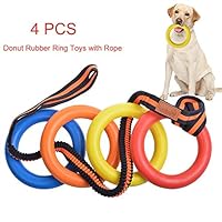 LOOBANI Indestructible Natural Rubber Donut Chew Toys with Rope for Powerful Chewers, Great for Tug of War, Throw, Bounce, Catch Games, Playing and Training Toys for All Breed Dogs - 4 Packs
