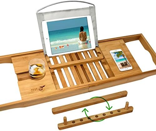 Expandable Bathroom Tub Tray - Premium Craft Caddy - Table Stand and Accessories for Book Tablet Phone Ipad - Jacuzzi Spa Holder for Candle Wine Glass - Adjustable Wooden Shower Organizer Board…