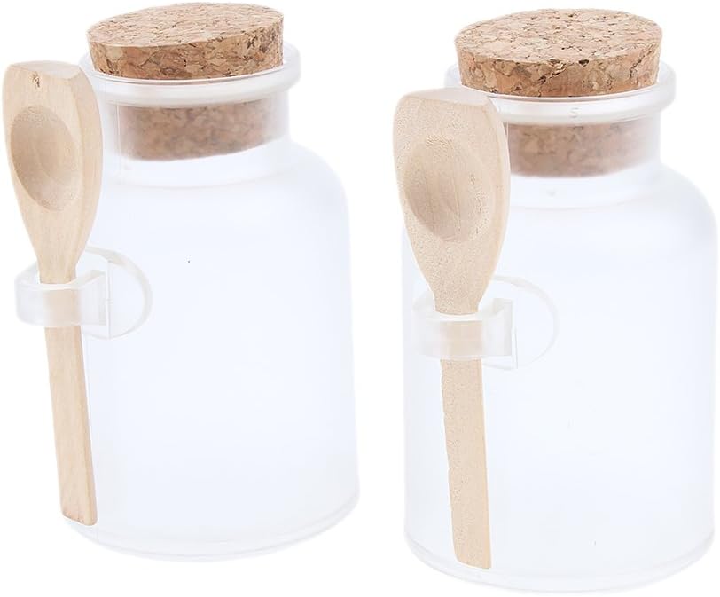 perfektchoice 2 Pieces Clear Jar with Wood Spoon & Cock Stopper Lid, 3.5 oz & 7 oz to Choose - 100g/3.5oz