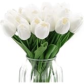 IPOPU 24PCS White Tulips Artificial Flowers Real Touch Tulips Flowers White Fake Tulips Flowers for Home Table Decoration Wedding Bouquet Party Baby Shower Centerpieces Bridal Bouquet Decor (White)