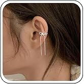 Yheakne Vintage Ribbon Bow Ear Cuff Earrings Silver Bowknot Cartilage Cuff Earrings Long Bow Tie Chain Earring Non Pierced Clip On Earring Jewelry for Women