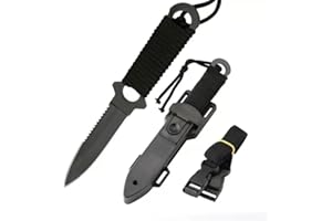 AALFA Black Dive Knife Full Stainless Steel, Line Cutter, Razor Sharp Blade, Leg Strap & Sheath – Tactical Outdoor Scuba Divi
