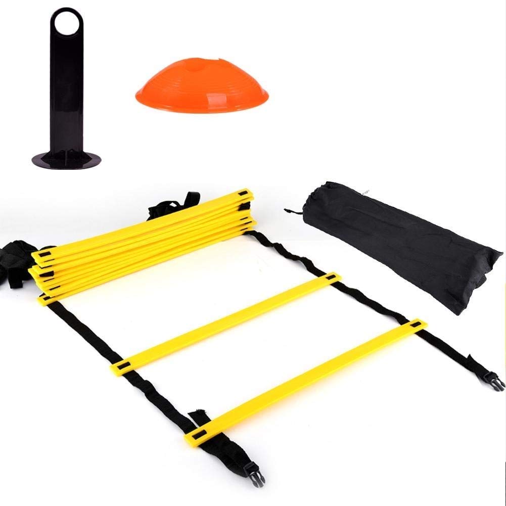 HGY Speed Agility Training Ladder Kit-12 Adjustable Flat Rungs and 10 Cones (Orange/Yellow) compatible with Fo