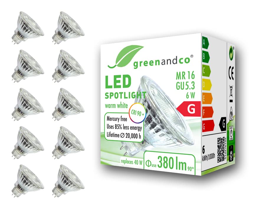 greenandco® CRI 90+ 3000K 36° LED spot Replaces 40 Watt GU5.3 MR16 Halogen Spotlight, 6W 380 Lumen Warm White 12V AC/DC, not dimmable, 10-Pack — image 1