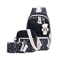 3Pcs Cute Backpack Set Classic Bear Hanging Ornament Rucksack Stars Printing Daypack for Girls Women (Black)