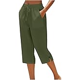 LRMQS Cotton Capri Pants for Women Loose Fit Straight Leg Drawstring Elastic Waist Cropped Pant Casual Summer Linen Clothes