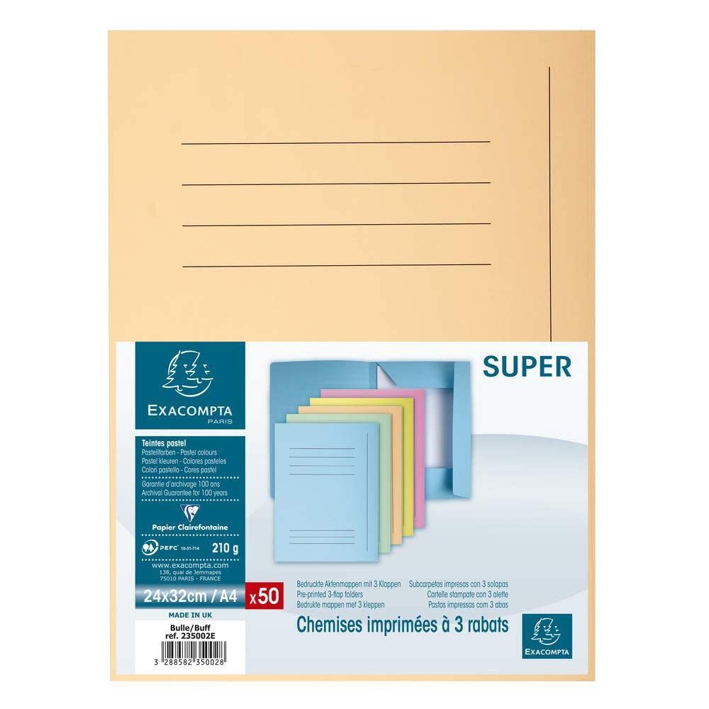 Exacompta - Ref 235002E - Super 210 Printed 3 Flap Folders - 240 x 320mm in Size, Suitable for A4 Documents, 210gsm Card, Pre-Printed Front - Buff (Pack of 50)