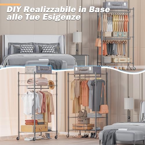 Himimi Double Coat Rack with Height-Adjustable Shelves, Coat Rack with 2 Hooks, Clothes Trolley with Wheels, 60 x 42 x 205 cm, Grey